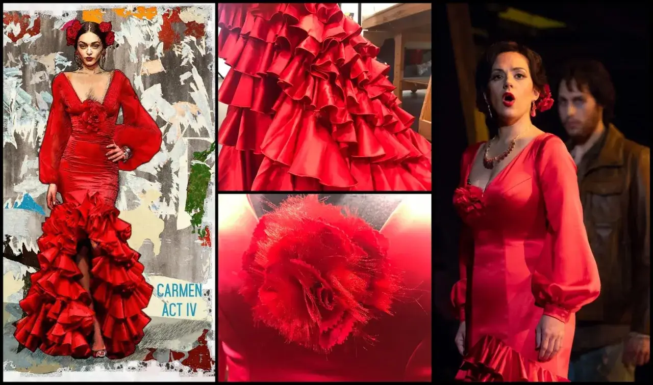 Carmen w czerwonej sukni z falbanami, ozdobionej różą. Detale sukni i scena operowa.