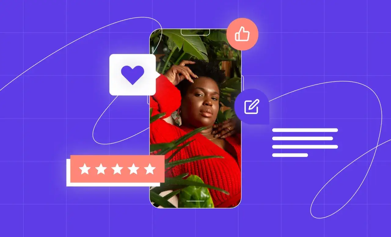 Eine Frau im roten Pullover auf einem Smartphone-Bildschirm, umgeben von Icons für Likes, Herzen und Sterne. Das zeigt die UGC-Bedeutung: Nutzergenerierte Inhalte sind wertvoll.