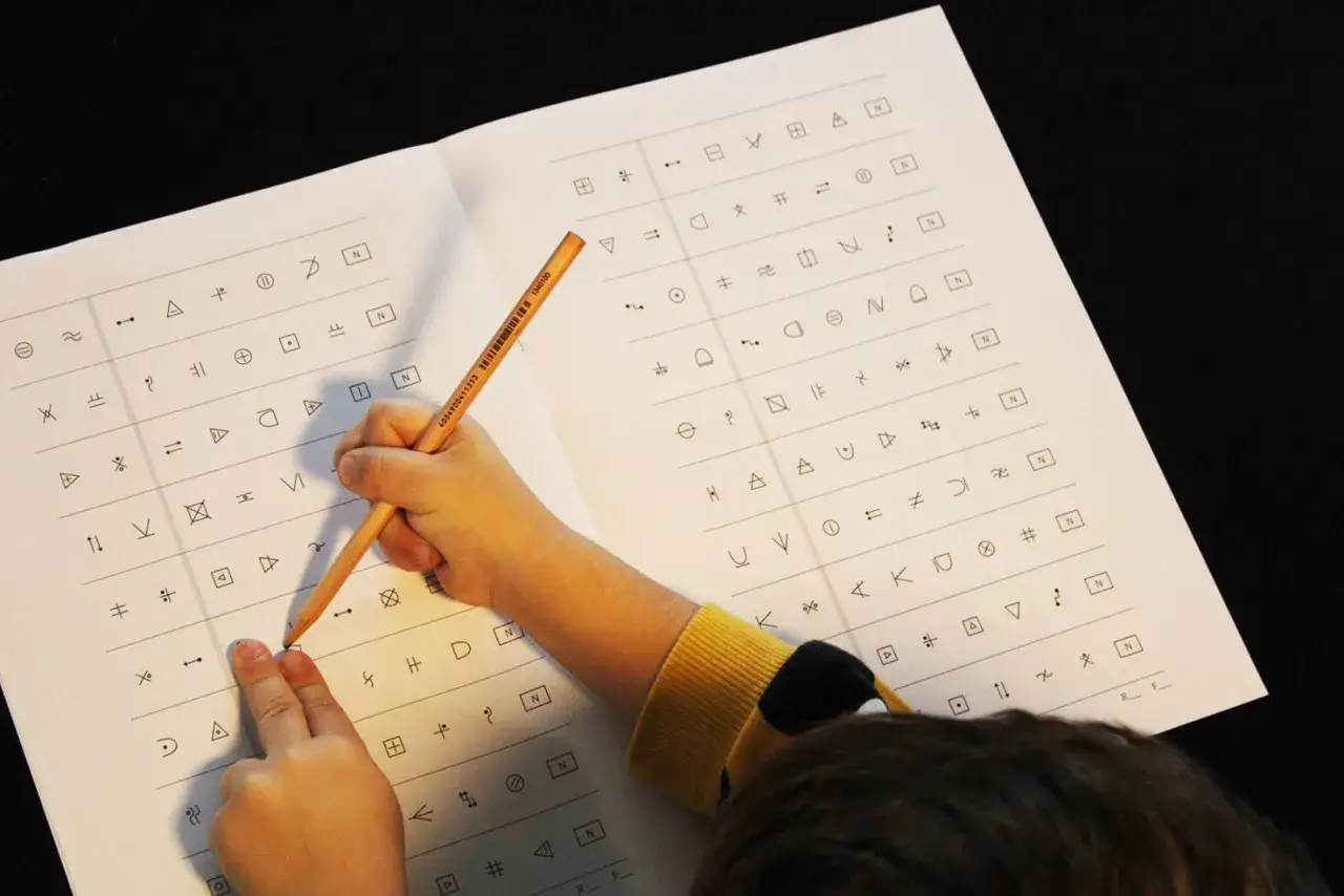 Kind l&ouml;st einen dyskalkulie test mit Symbolen. Ein Bleistift zeigt auf ein Symbol auf dem Arbeitsblatt.