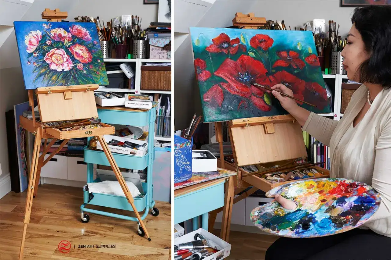 Une artiste débute une peinture à l'huile de coquelicots rouges sur un chevalet en bois, entourée de matériel d'art.