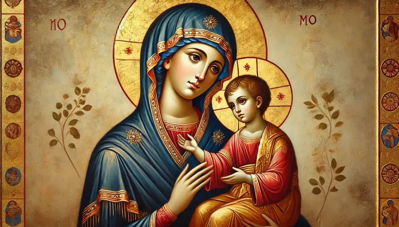Ikona Matki Boskiej z Dzieciątkiem Jezus, w tradycyjnych, głębokich kolorach maryjnych: błękicie i czerwieni, otoczona złotem.