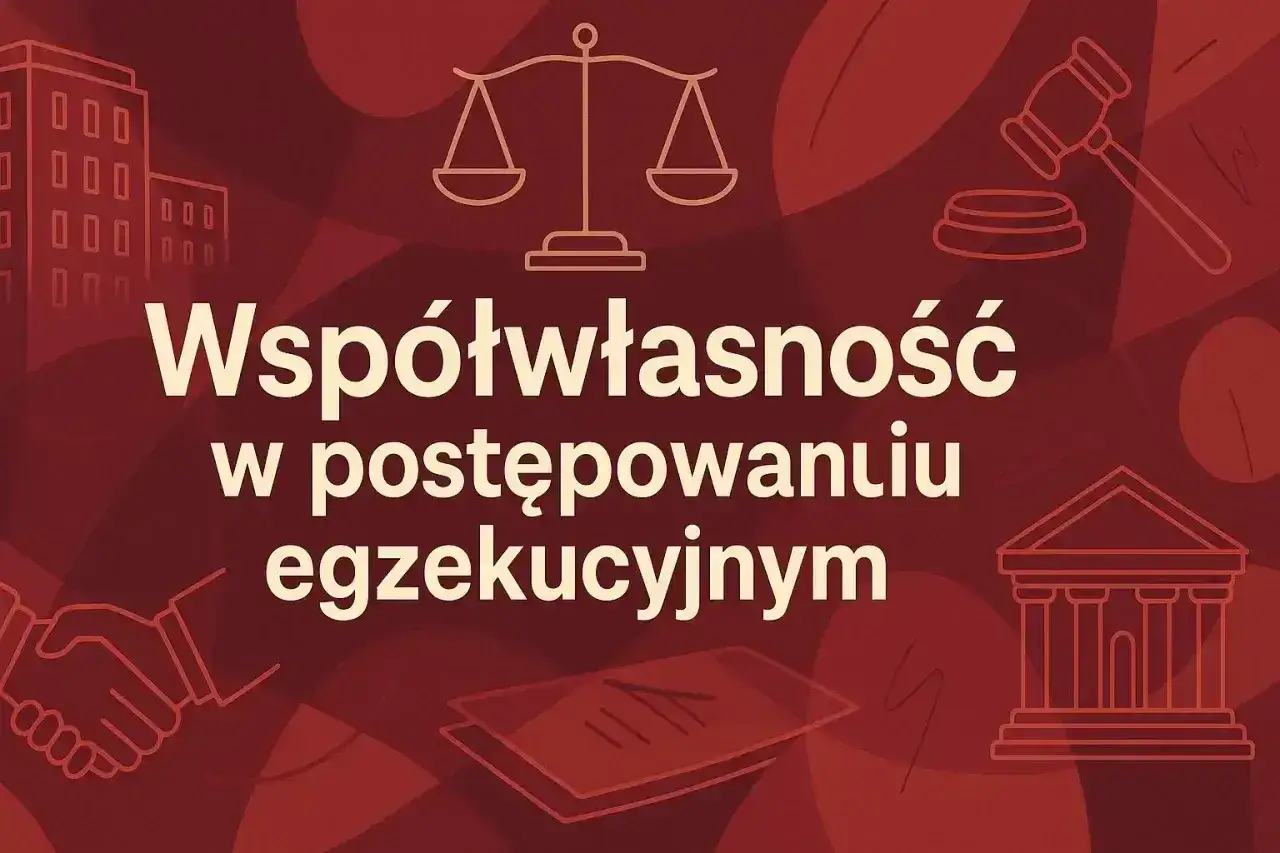 Współwłasność w postępowaniu egzekucyjnym. Czy komornik może zająć mieszkanie, którego jestem współwłaścicielem? Grafika z symbolami prawa.