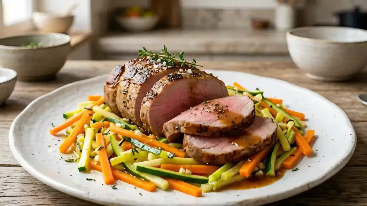 Délicieux roti de veau tranché, servi sur un lit de julienne de légumes colorés, garni de thym frais et de gros sel.