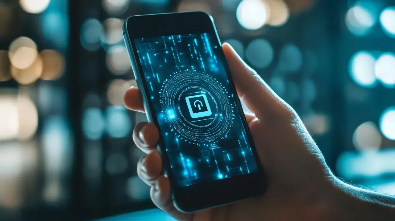 Dłoń trzyma smartfon z ekranem wyświetlającym symbol blokady i cyfrowy motyw, sugerujący bezpieczeństwo w systemie android 10.