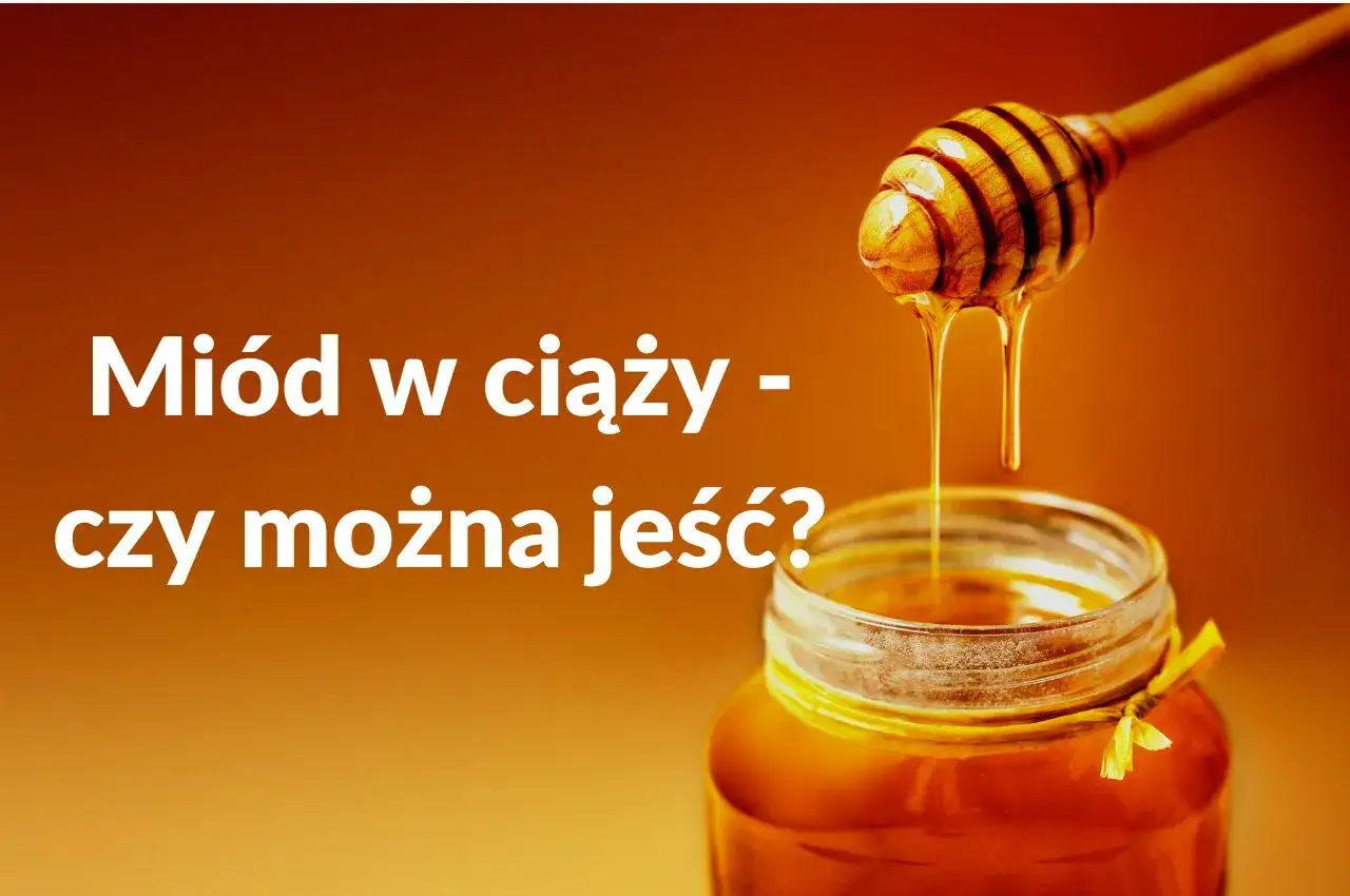Miód w ciąży - czy można jeść? Słodki, złocisty miód spływa z drewnianej chochli do słoika.