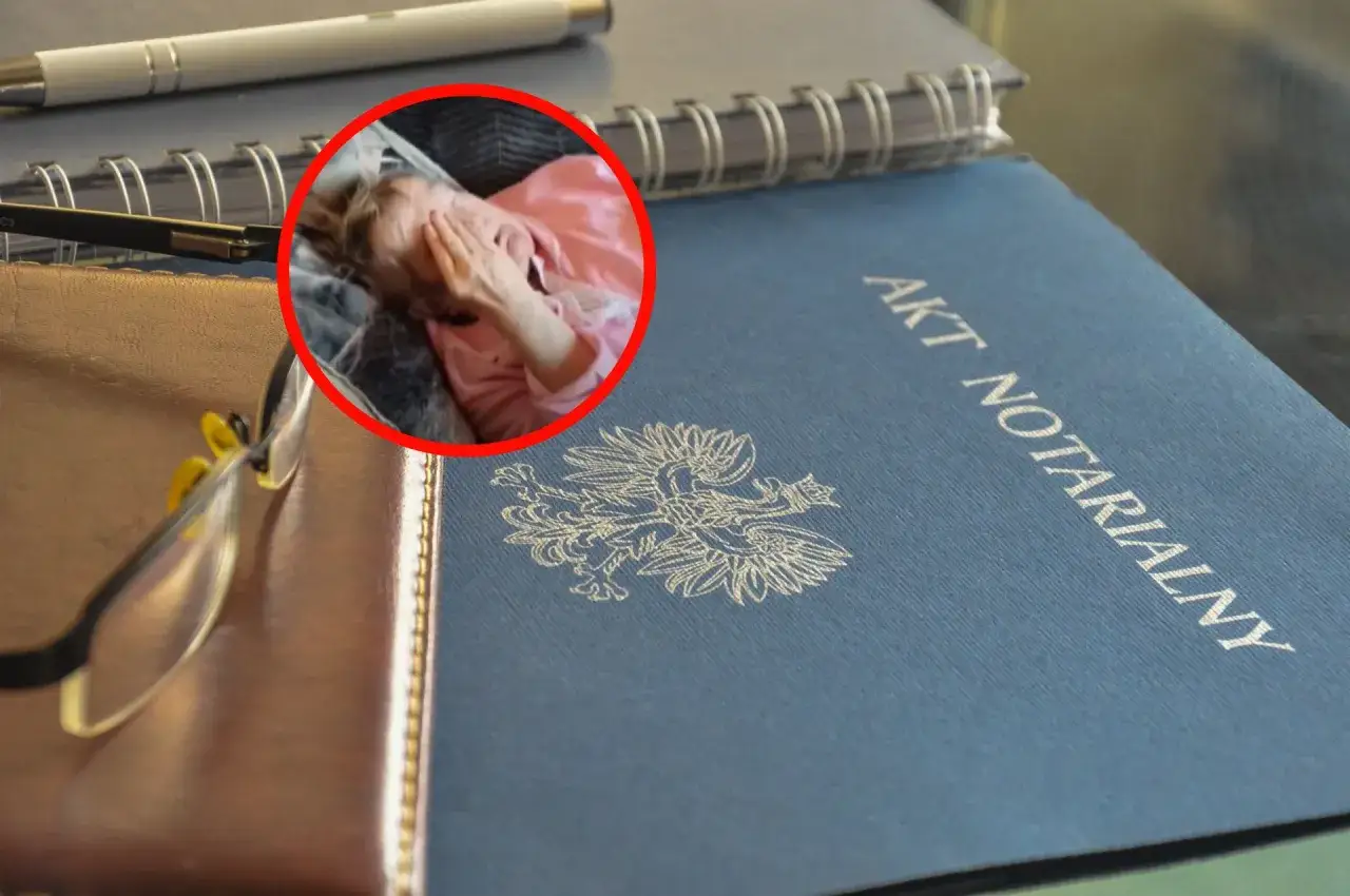 Zastanawiasz się, ile kosztuje testament u notariusza? Na zdjęciu akt notarialny, okulary i osoba w okręgu.
