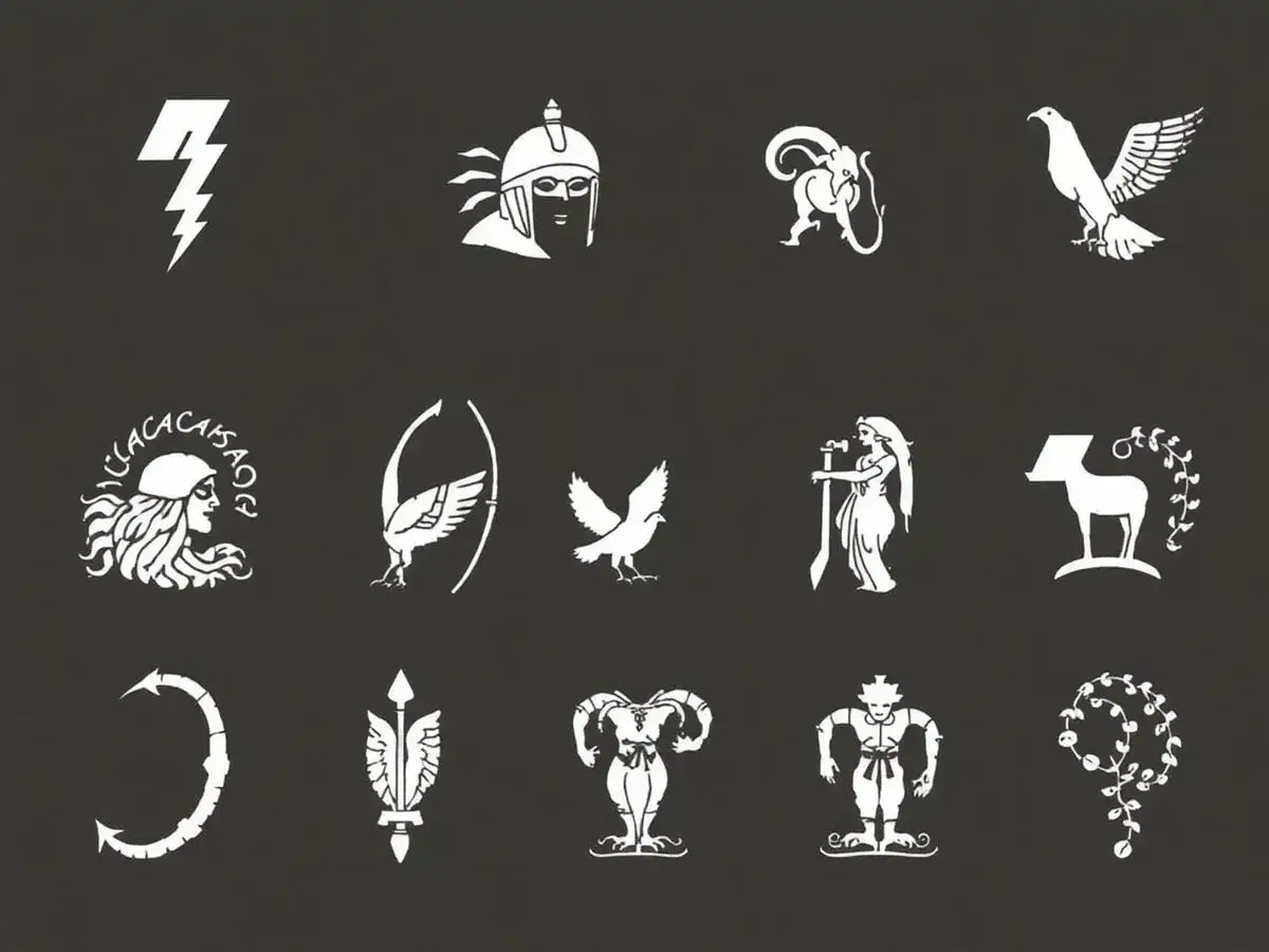 Ensemble de symboles, dont un &eacute;clair, un guerrier casqu&eacute;, un griffon, un oiseau, une femme, un cerf, et des figures mythologiques. L'&eacute;clair peut &eacute;voquer Had&egrave;s symbole.