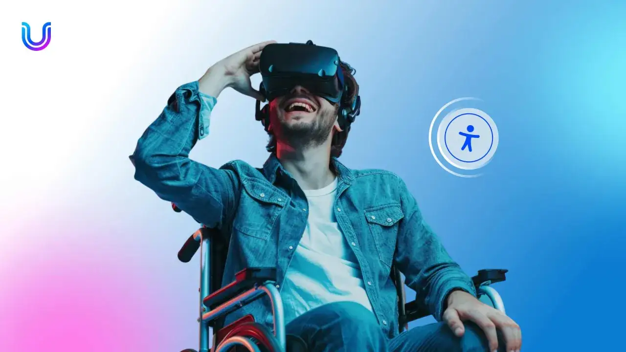 Uśmiechnięty mężczyzna na wózku inwalidzkim cieszy się grami na gogle VR. Dostępność technologii dla każdego.
