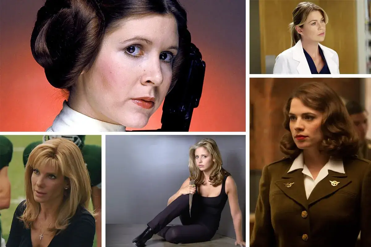 En collage med fem starka kvinnor: Prinsessan Leia, Meredith Grey, Peggy Carter, Sandra Bullock och Buffy. Dessa ikoner &auml;r som en drottning p&aring; duken.