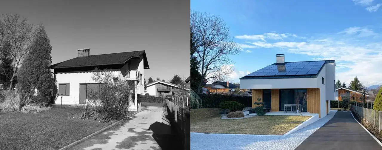 Vorher-nachher: Ein 70er Jahre Haus wird modernisiert, mit Solaranlage und neuem Design.