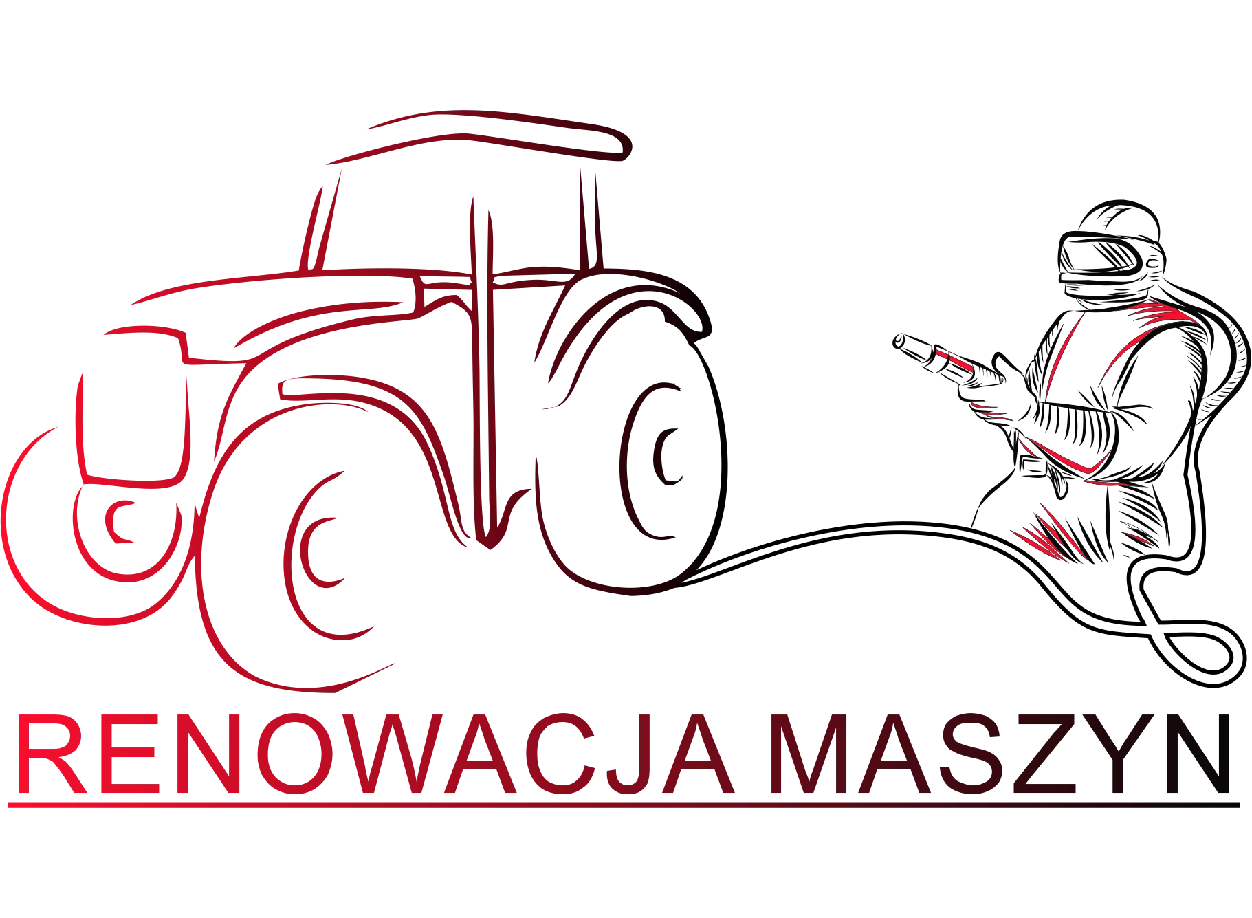 Renowacja maszyn rolniczych: stylizowany traktor i pracownik w kombinezonie z pistoletem do malowania.