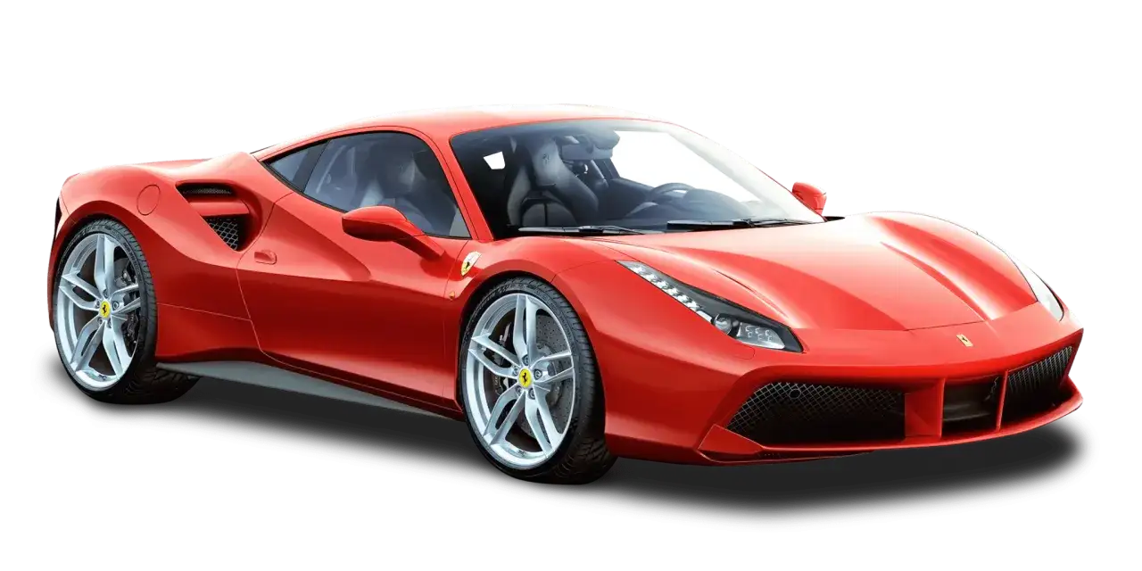 Czerwone Ferrari 488 GTB z czarnym wnętrzem, błyszczące felgi, aerodynamiczne linie, gotowe do jazdy.