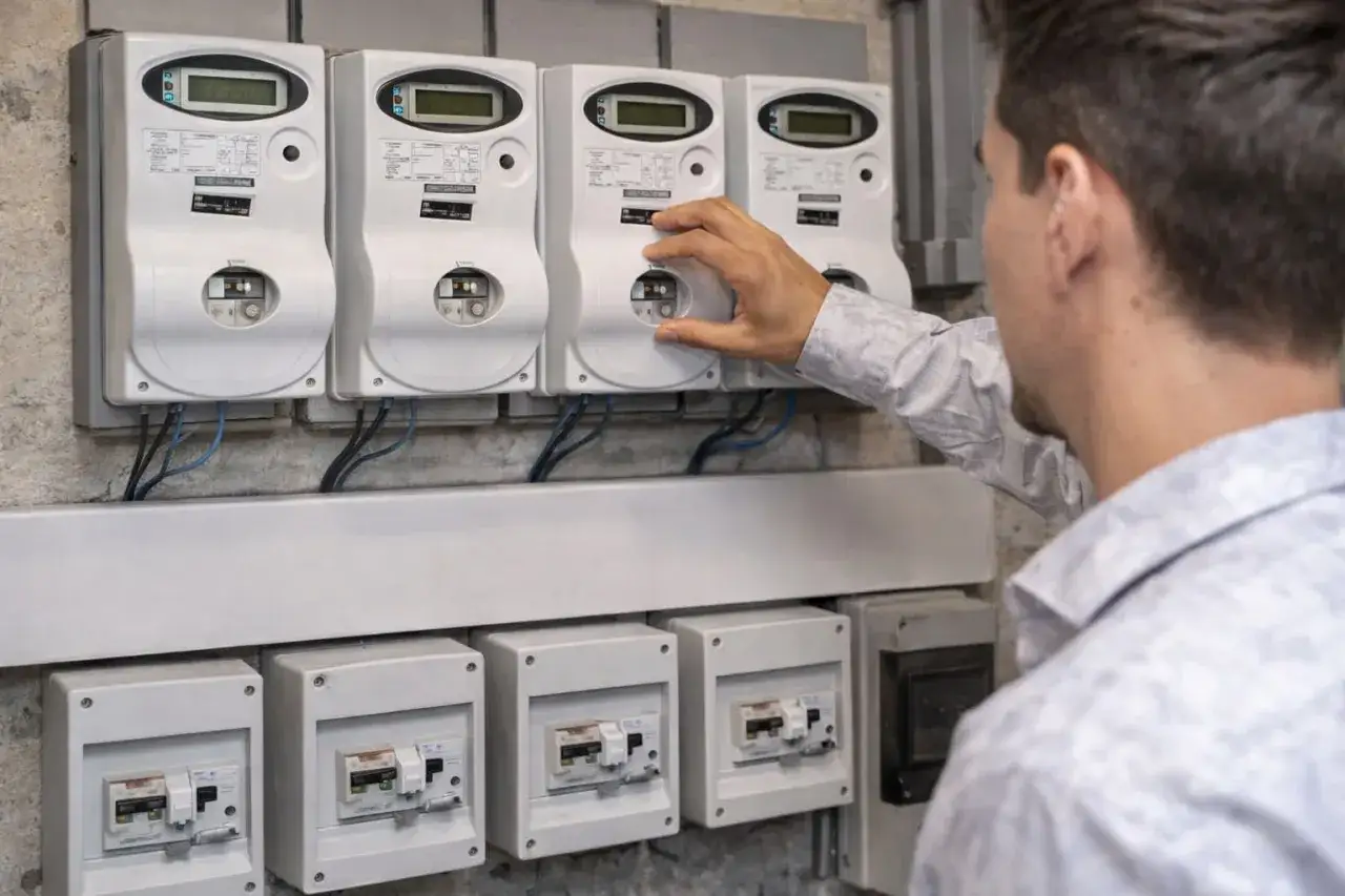 Un tecnico controlla i contatori elettrici, monitorando il consumo in **kw h**. Sotto, interruttori automatici pronti per l'uso.