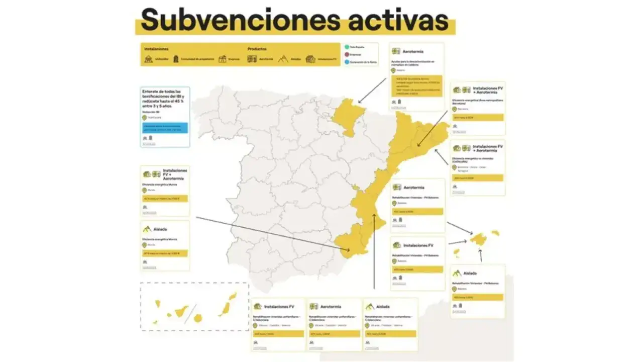 Mapa de España con ayudas activas para aerotermia y FV. Destaca la Comunidad Valenciana con subvenciones para instalaciones de aerotermia y FV.