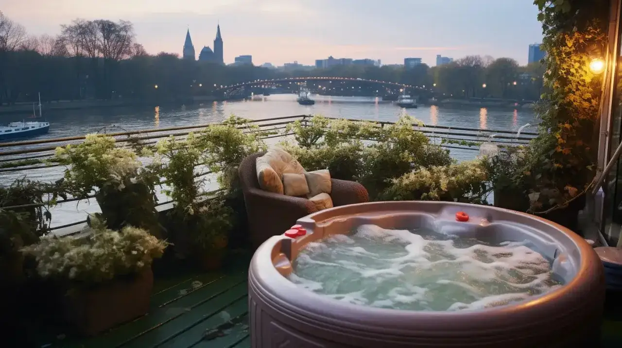 Aménagement spa gonflable sur une terrasse avec vue sur un fleuve et une ville au crépuscule. Un fauteuil confortable et des plantes luxuriantes complètent ce coin détente.