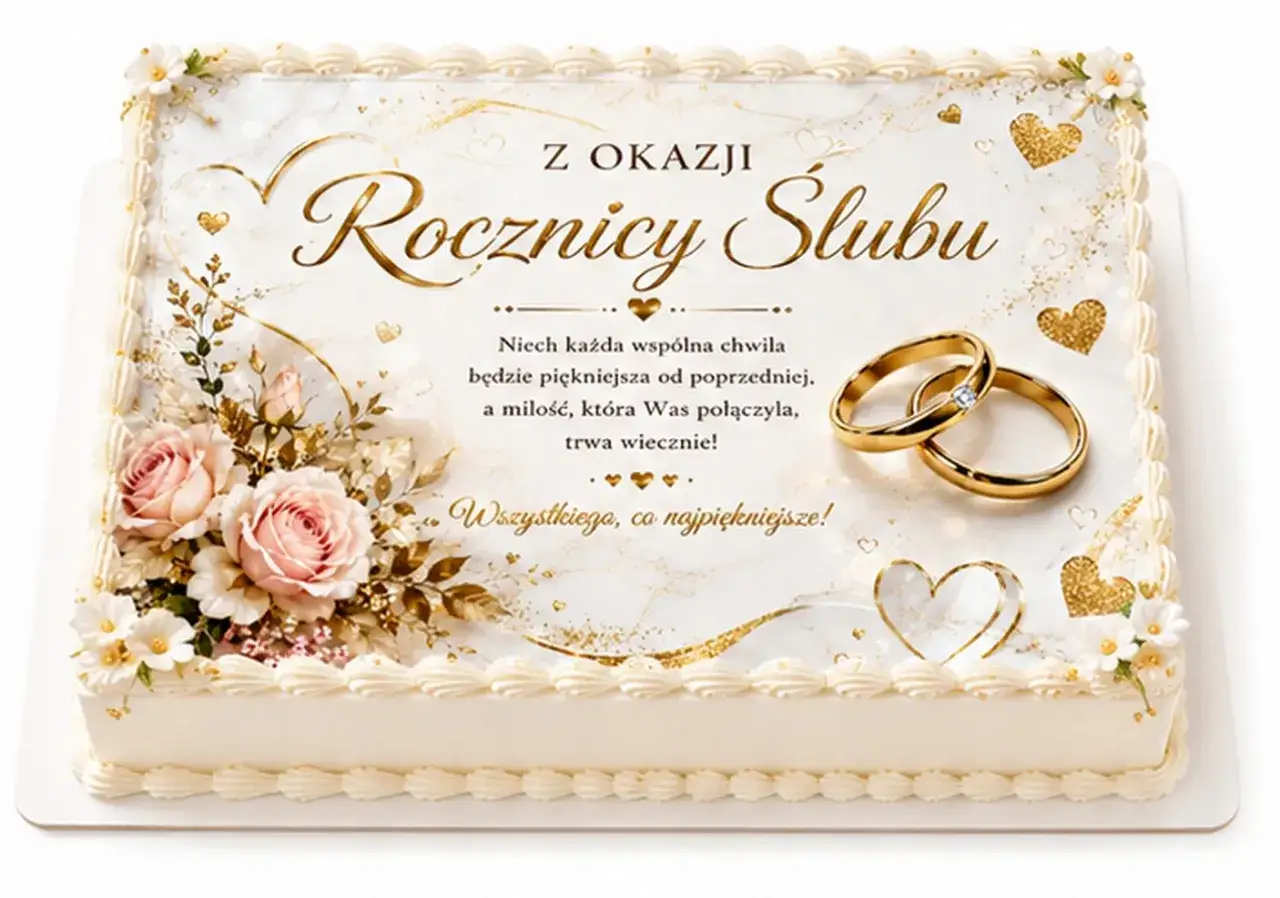 Elegancki tort na 50 rocznicę ślubu ze złotymi obrączkami, różami i życzeniami.