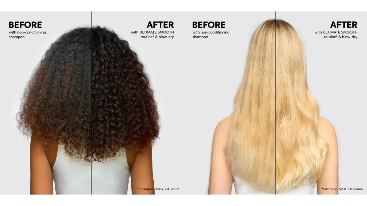 Przed i po: zniszczone włosy ciemne i blond, które po zastosowaniu rutyny ULTIMATE SMOOTH stały się gładkie i lśniące.