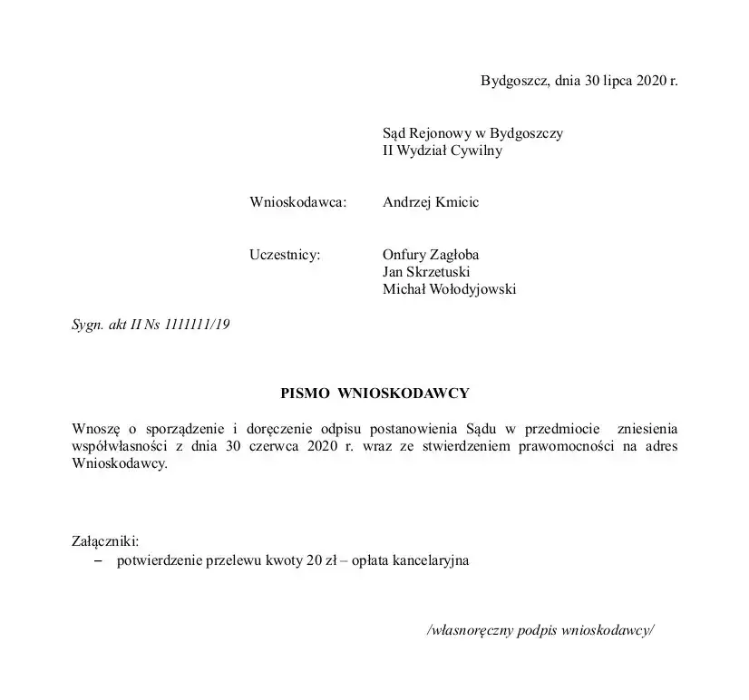 wzór wniosku o odpis wyroku sądowego