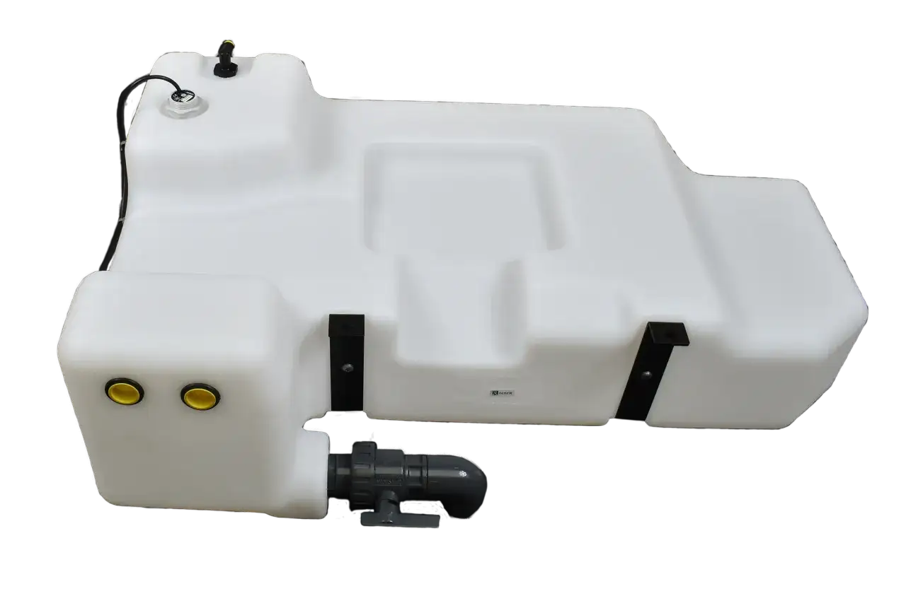R&eacute;servoir d'eau grise pour camping-car, en plastique blanc, avec raccords et vanne.