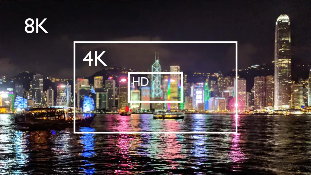 Nocny widok Hongkongu z łodziami na wodzie. Obraz pokazuje por&oacute;wnanie rozdzielczości: 8K, 4K i HD.