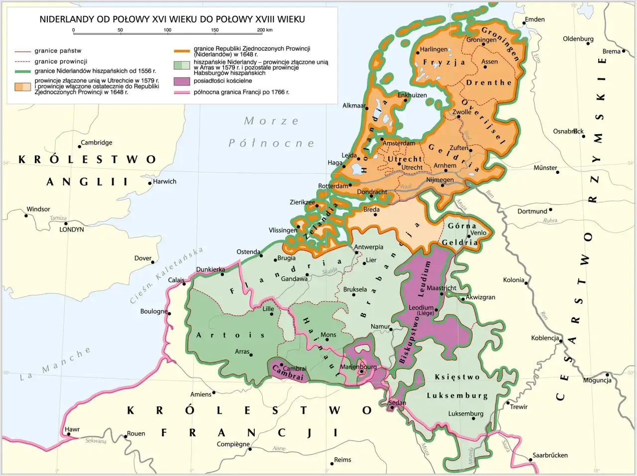 Mapa Niderlandów od XVI do XVIII wieku, pokazująca granice państw, prowincji i posiadłości. Widoczni są holendrzy i ich terytoria.