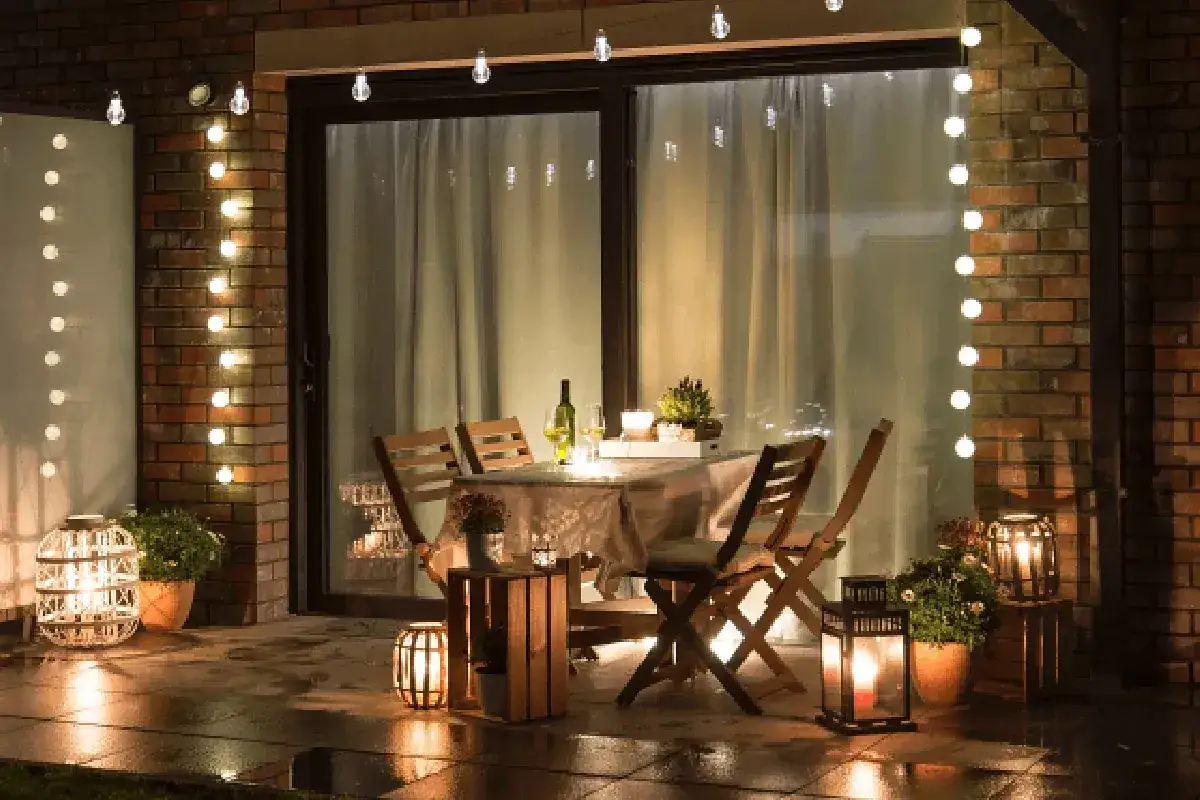 Mesa y sillas en terraza iluminada con guirnaldas y faroles. Ideas iluminaci&oacute;n terraza para crear ambiente acogedor.
