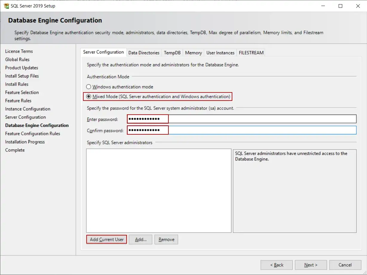 Konfiguracja silnika bazy danych SQL Server 2022 Express: wybrany tryb mieszany uwierzytelniania, ustawianie hasła administratora.