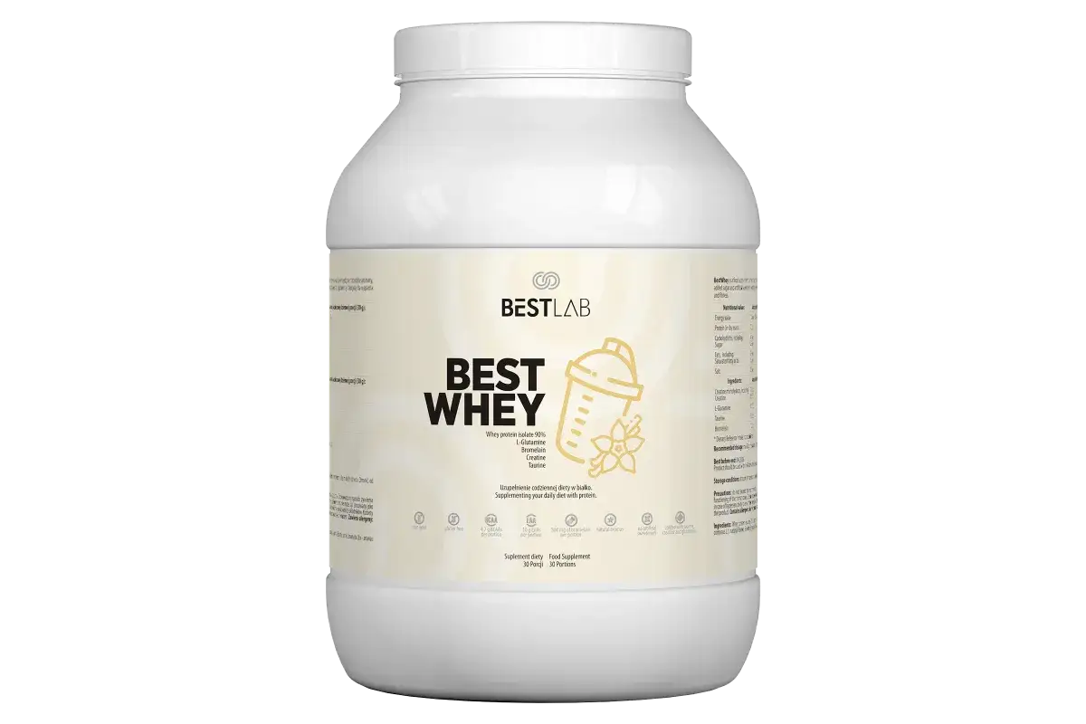 Białe opakowanie odżywki białkowej Best Whey. Idealne, by odpowiedzieć na pytanie: kiedy pić białko przed czy po treningu.