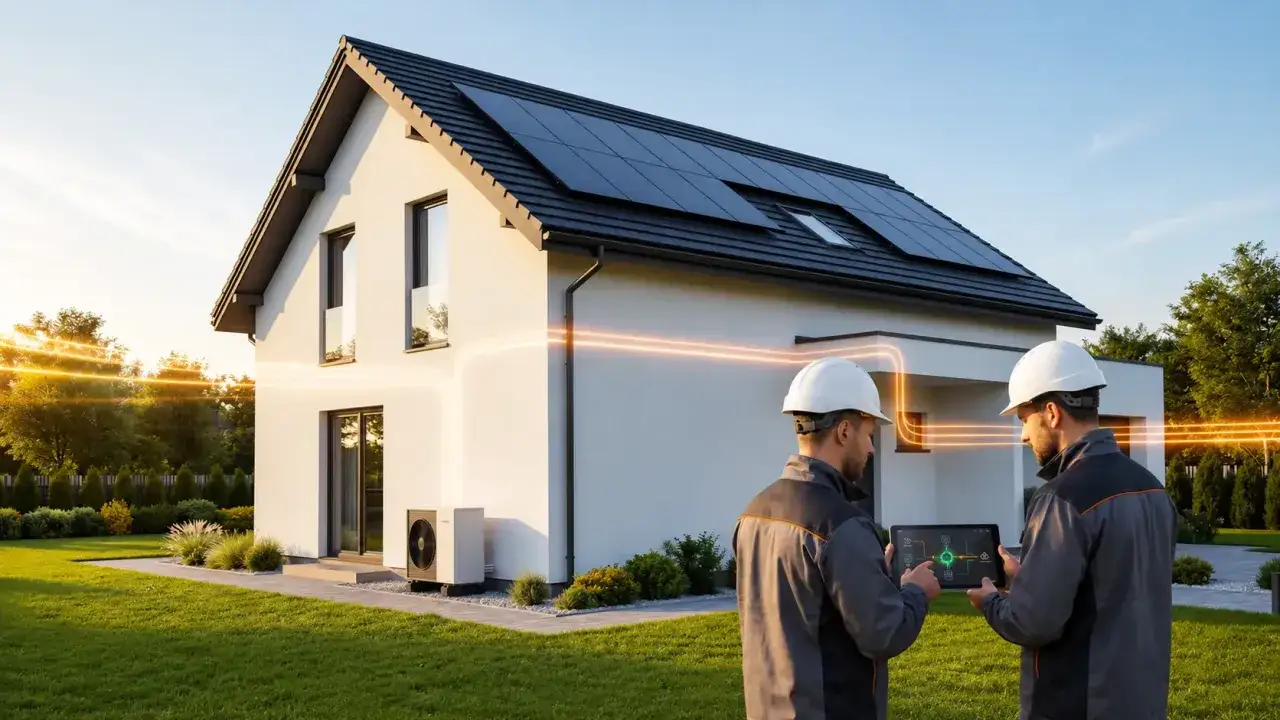 Dwóch techników w kaskach analizuje dane na tablecie, stojąc przed nowoczesnym domem z panelami słonecznymi. To wizualizacja audytu energetycznego wzór.