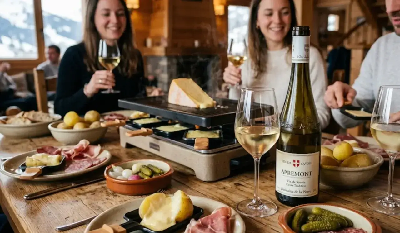 Un groupe d'amis savoure une raclette avec un verre de vin blanc, peut-être un Pouilly-Fumé, dans un chalet cosy.