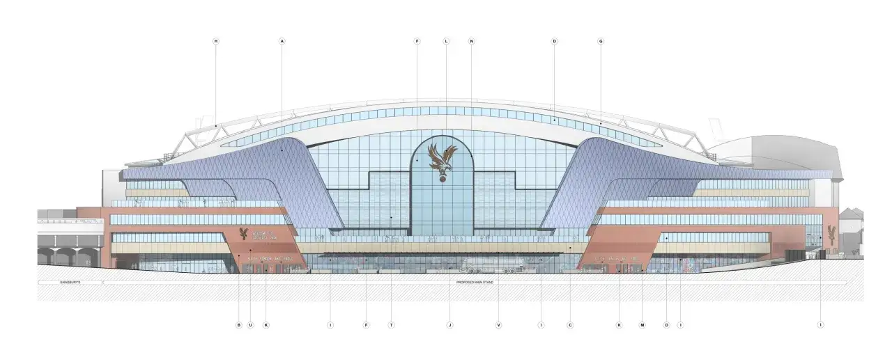 Nowoczesny projekt Selhurst Park z wielopoziomową fasadą, szklanym dachem i herbem klubu.