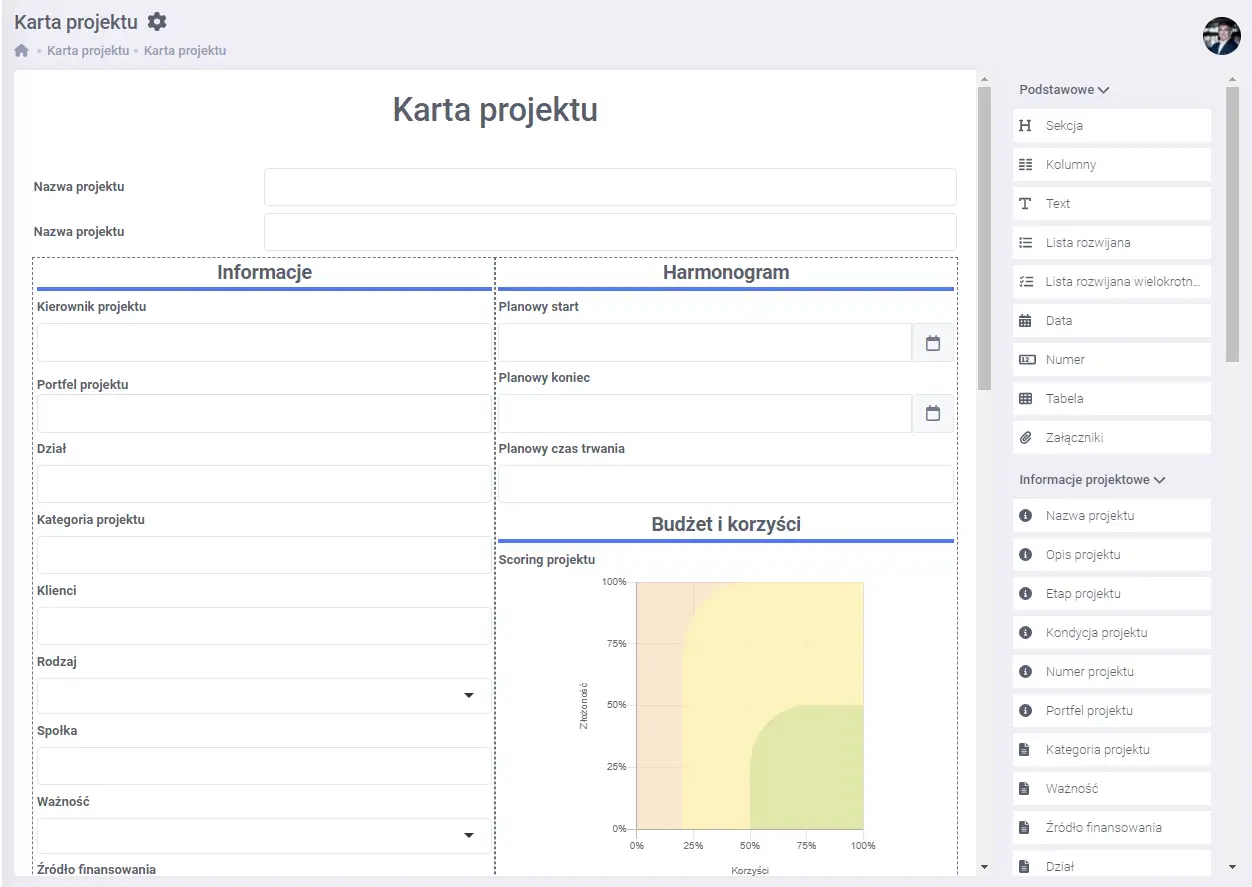 Karta projektu wz&oacute;r: formularz z polami do wprowadzania danych o projekcie, harmonogramem i wykresem budżetu.