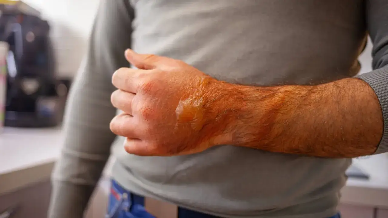 Hand mit Blase und Rötung, deutliches Zeichen einer Verbrennung Grad 2a.