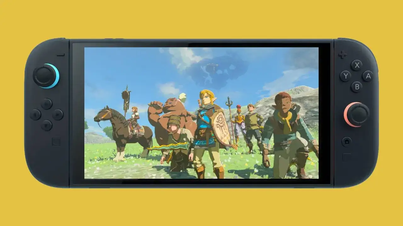 Nintendo Switch jak działa: gra The Legend of Zelda: Breath of the Wild z Linkiem i przyjaci&oacute;łmi na tle malowniczego krajobrazu.