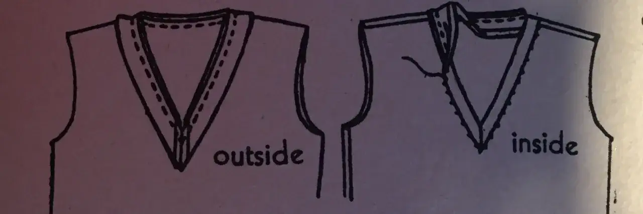 Diagram showing the outside and inside of a garment with a v neck neckline, illustrating sewing details.
