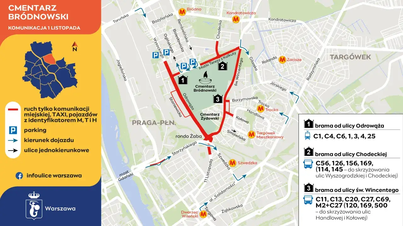 Mapa Warszawy z zaznaczonymi cmentarzami komunalnymi
