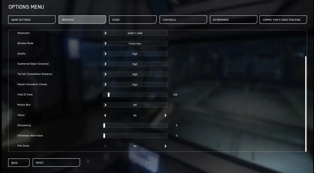 Menu des options graphiques de Star Citizen, affichant la résolution 3440x1440, le mode plein écran et des réglages de qualité élevés.