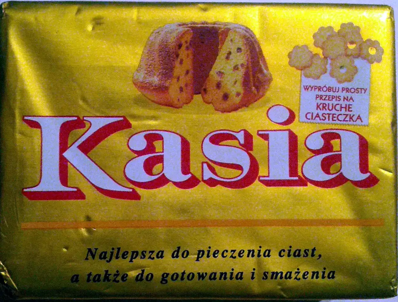 Opakowanie margaryny Kasia z babką i ciasteczkami. Czy Kasia to margaryna? Tak, najlepsza do pieczenia ciast, gotowania i smażenia.