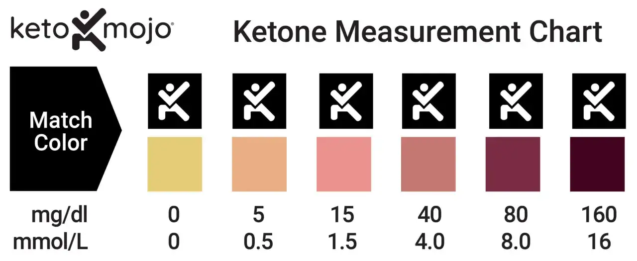 Wykres pomiaru ketonów KetoMojo. Kolory od żółtego do ciemnofioletowego wskazują poziom ketonów w moczu od 0 do 160 mg/dl.