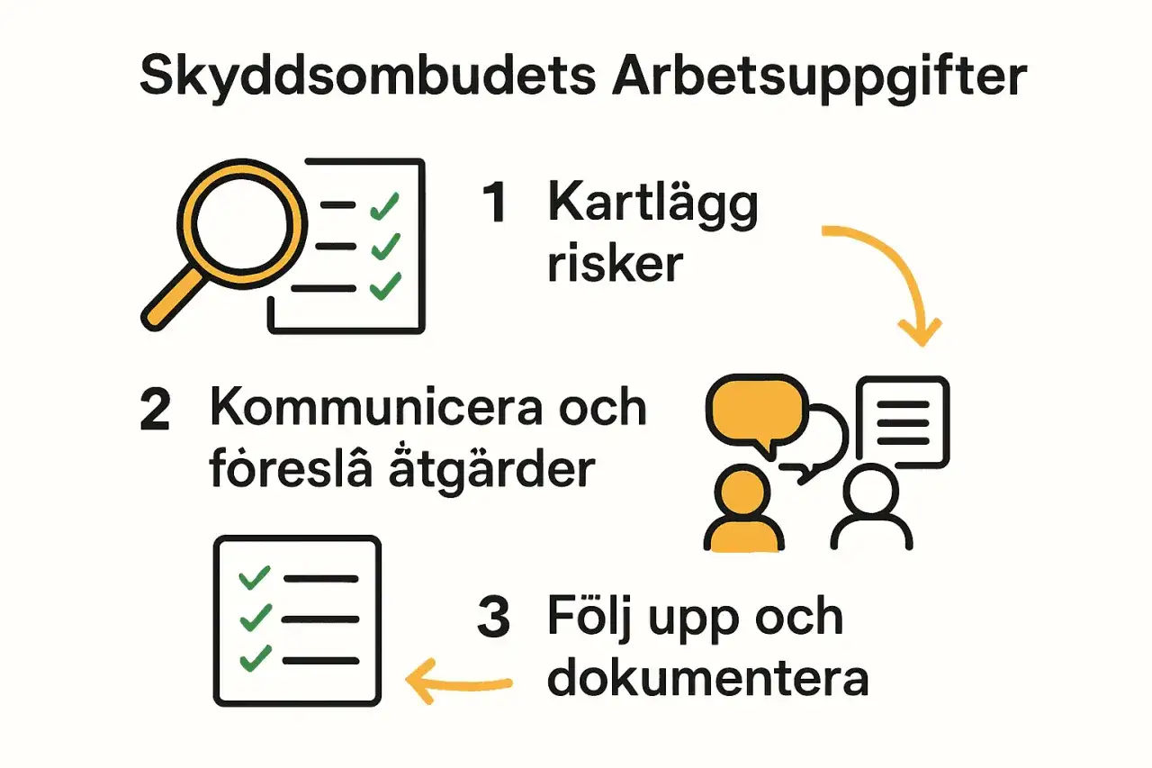 Skyddsombudets arbetsuppgifter: 1. Kartlägg risker med lupp och checklista. 2. Kommunicera och föreslå åtgärder med pratbubblor. 3. Följ upp och dokumentera.