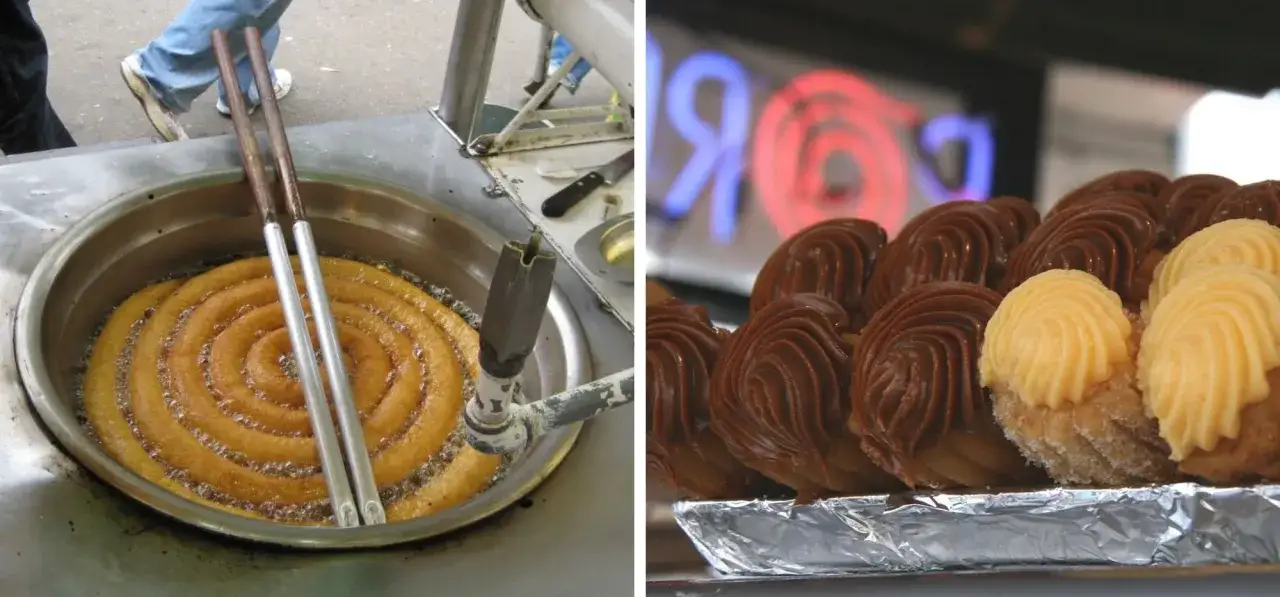 Churros co to? Smażone na złoto ciasto w kształcie spirali i gotowe, udekorowane kremem czekoladowym i waniliowym.