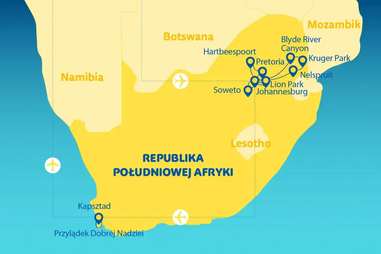 Mapa Republiki Południowej Afryki. Kapsztad leży na południowym zachodzie, blisko Przylądka Dobrej Nadziei.