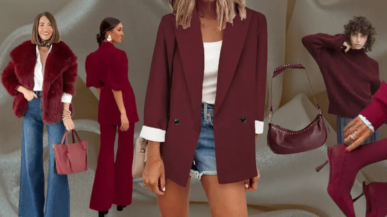 Moda en **color burdeos**: abrigos de pelo, trajes de pantal&oacute;n, blazers y accesorios como bolsos y botines.