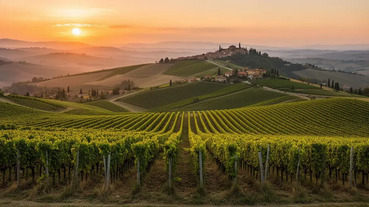 Colline toscane al tramonto, con vigneti ordinati che scendono verso un borgo arroccato. Un quadro di mozzafiato paesaggi autunnali italiani.