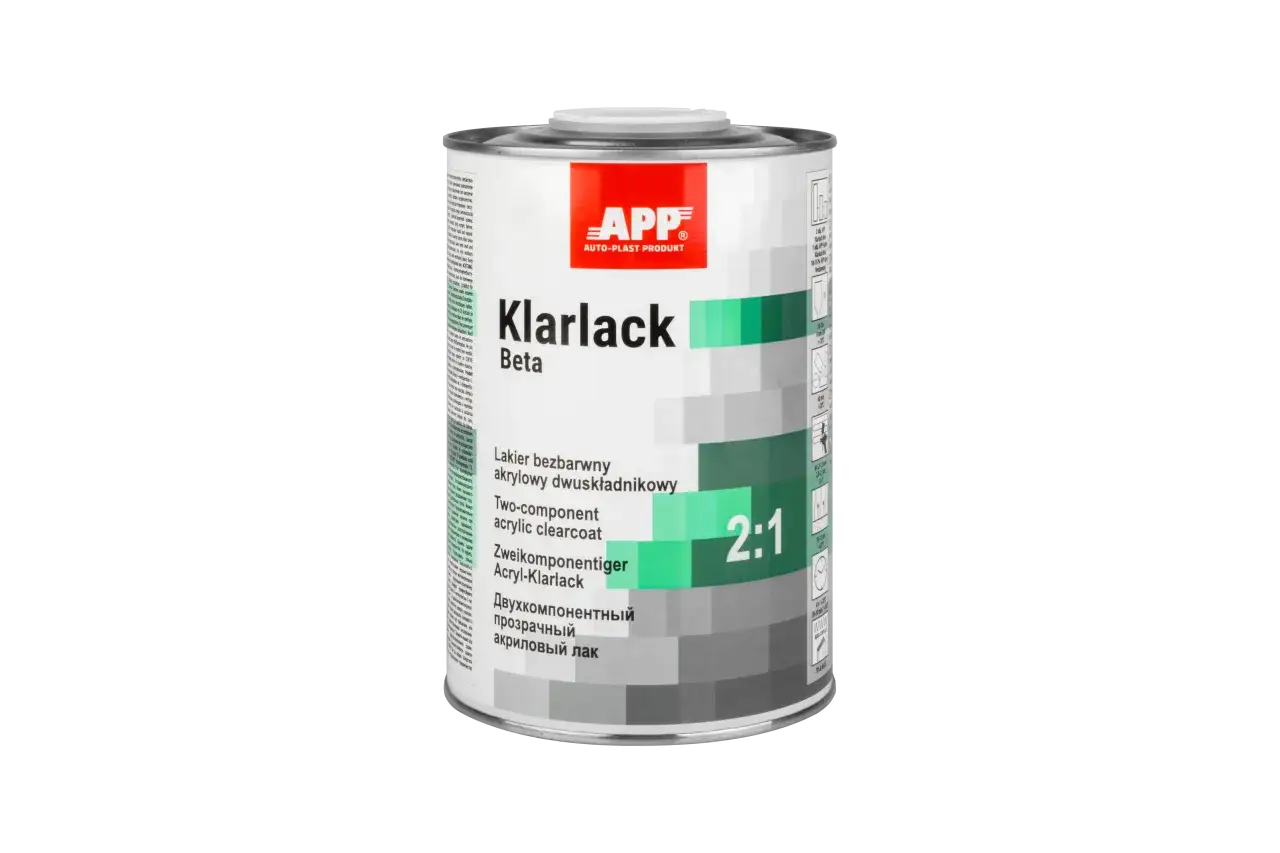 Puszka lakieru bezbarwnego APP Klarlack Beta, dwuskładnikowego, akrylowego, o proporcjach mieszania 2:1.