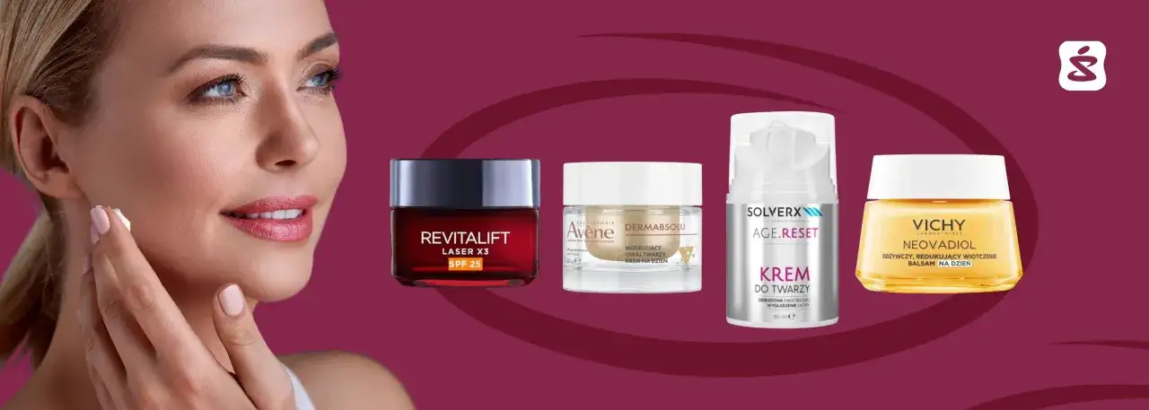 Kremy do twarzy L'Oréal, Avène, Solverx i Vichy pomagają jak dbać o cerę po 30. Kobieta aplikuje krem na policzek.