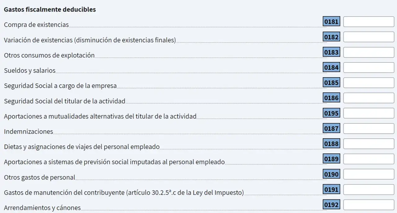 Formulario fiscal con gastos deducibles: compra de existencias, sueldos, seguridad social y otros gastos. Ideal para el modelo 100 autonomos.