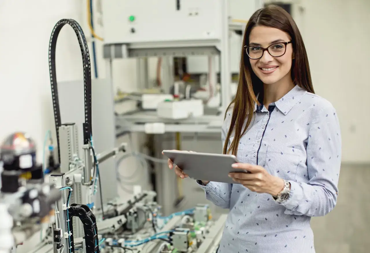 Ingenieurin mit Tablet vor einer Anlage f&uuml;r iu Elektrotechnik.