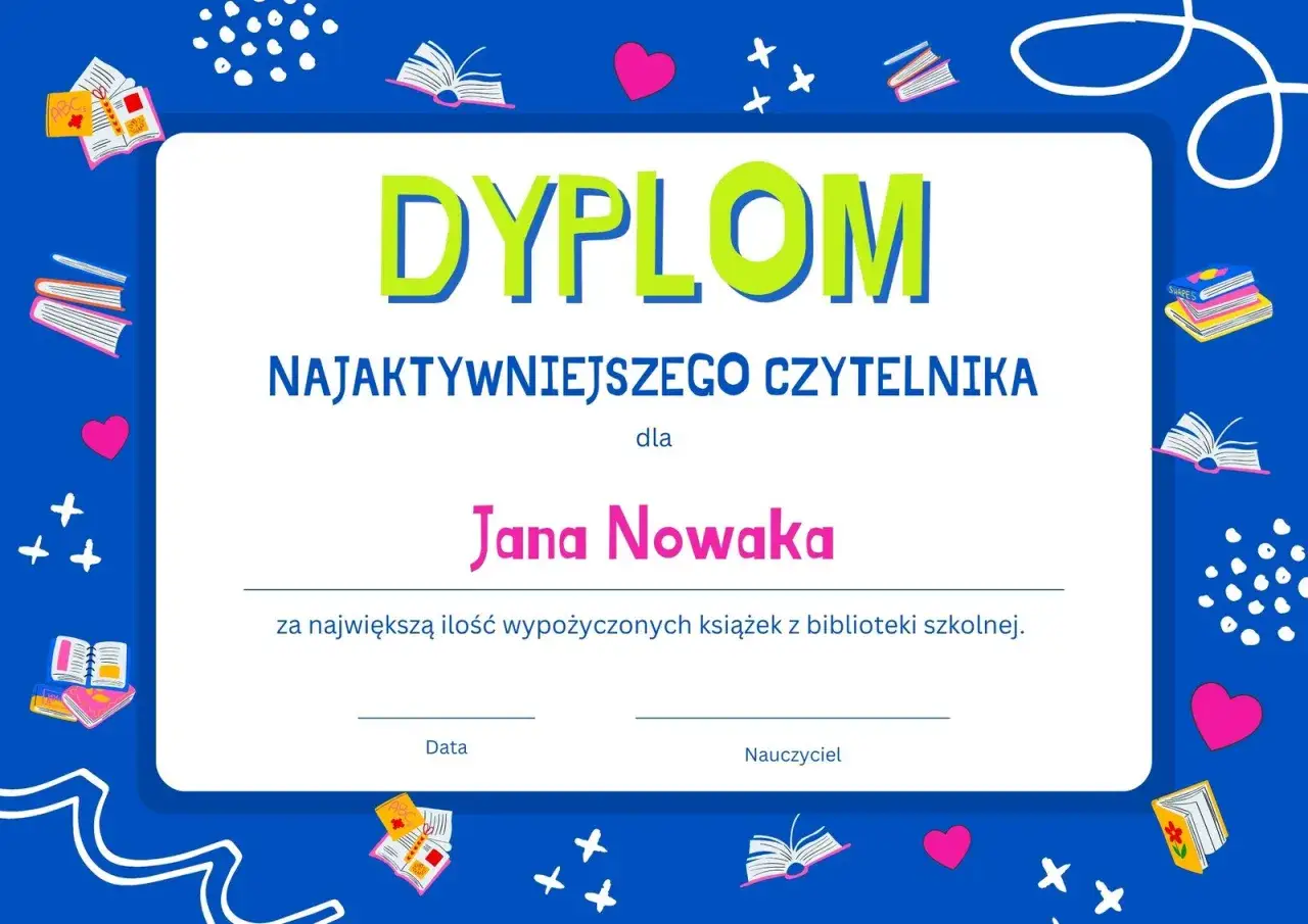 Dyplom dla Jany Nowaka, najaktywniejszego czytelnika za wypożyczenie największej ilości książek z biblioteki szkolnej.
