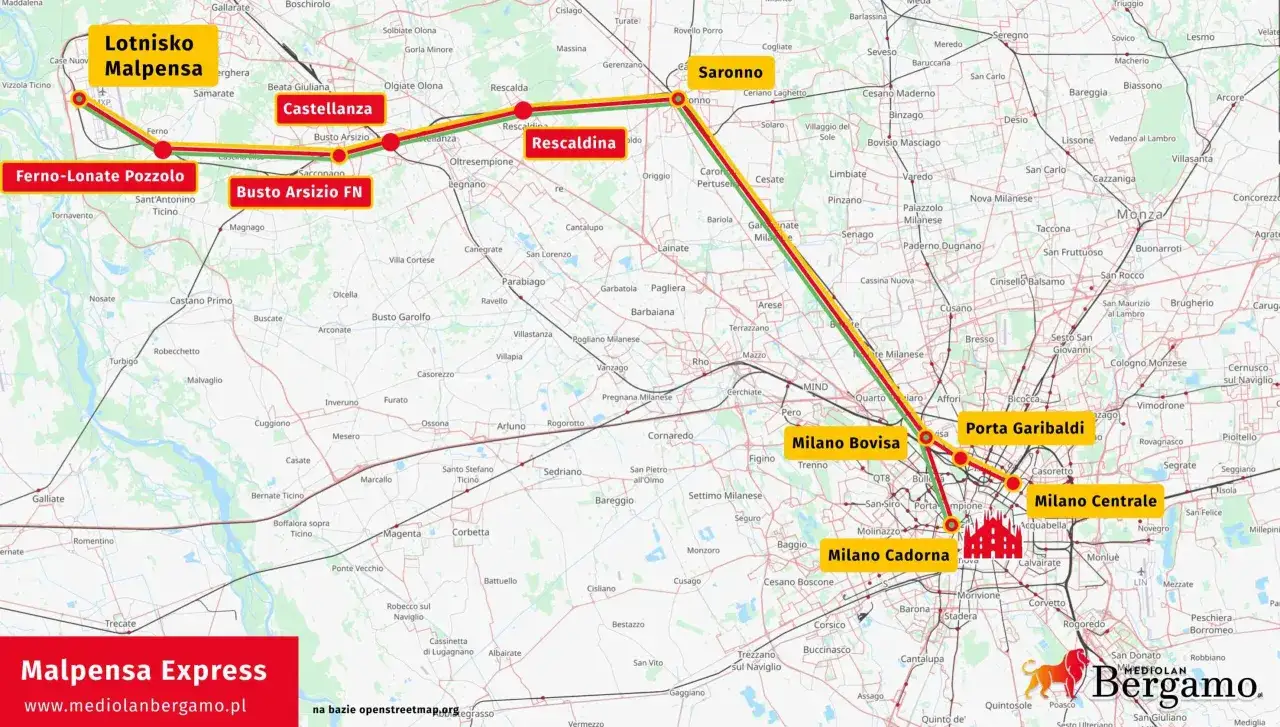 Trasa Malpensa Express: Lotnisko Malpensa, Castellanza, Busto Arsizio FN, Ferno-Lonate Pozzolo, Saronno, Milano Bovisa, Porta Garibaldi, Milano Centrale, Milano Cadorna.